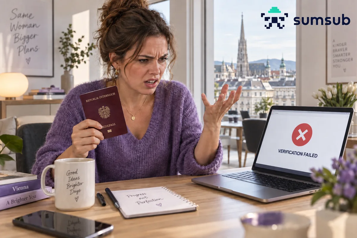 Sumsub Verification Failed: ‘Rejected’ Is Not an Explanation 1 Woman holding a closed Austrian passport beside a verification-failed message
