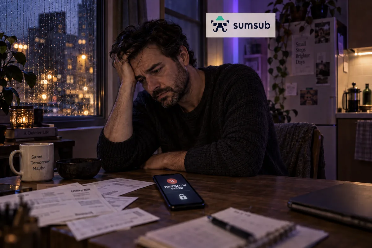 Man at a kitchen table beside a phone displaying a verification-failed message